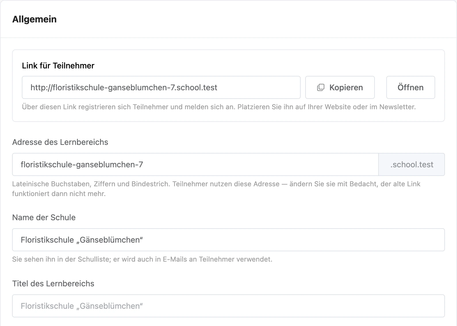 Link für Lernende und die ersten Felder der allgemeinen Schuleinstellungen