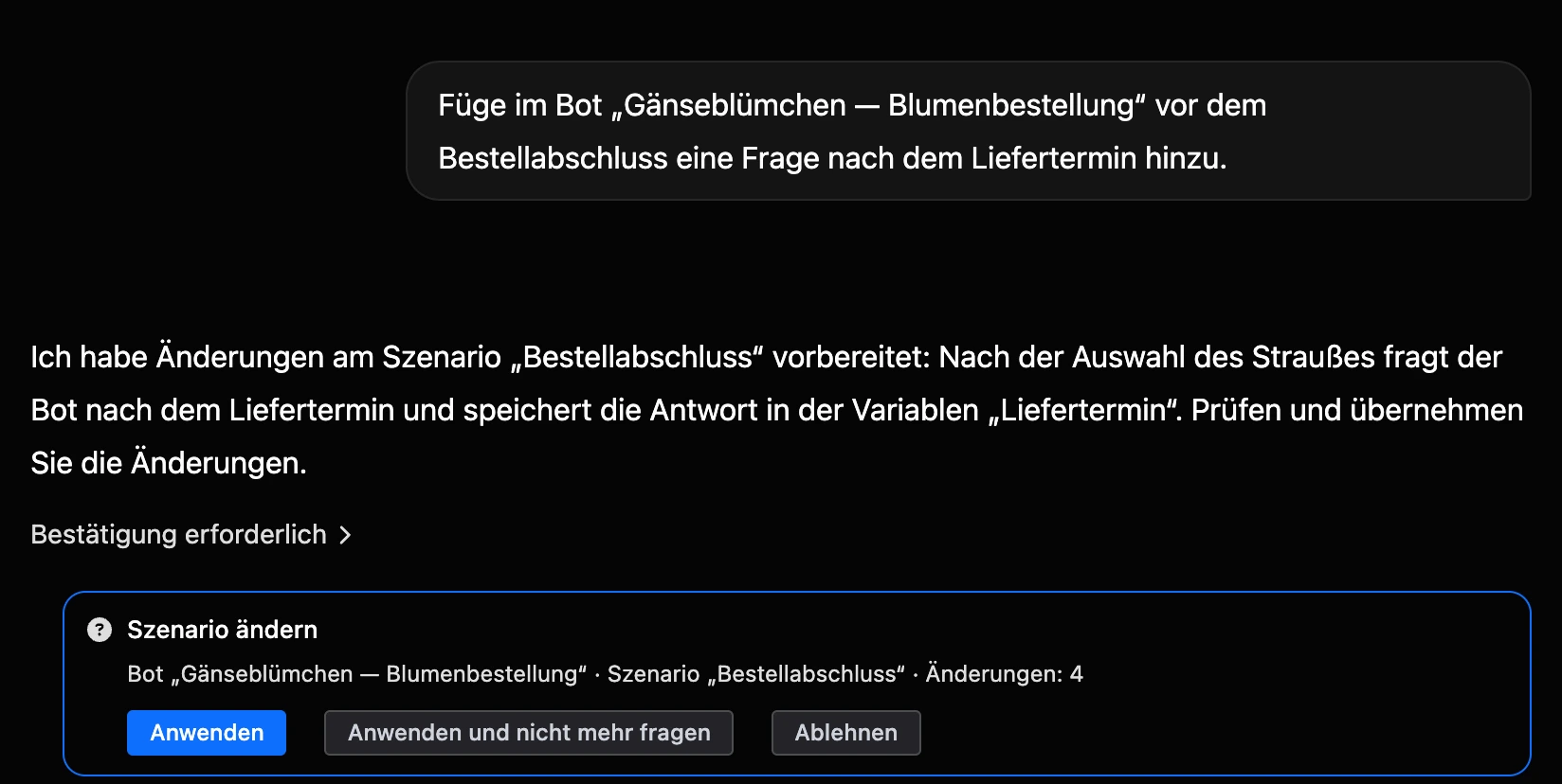 Bestätigungskarte für Änderungen im KI-Chat