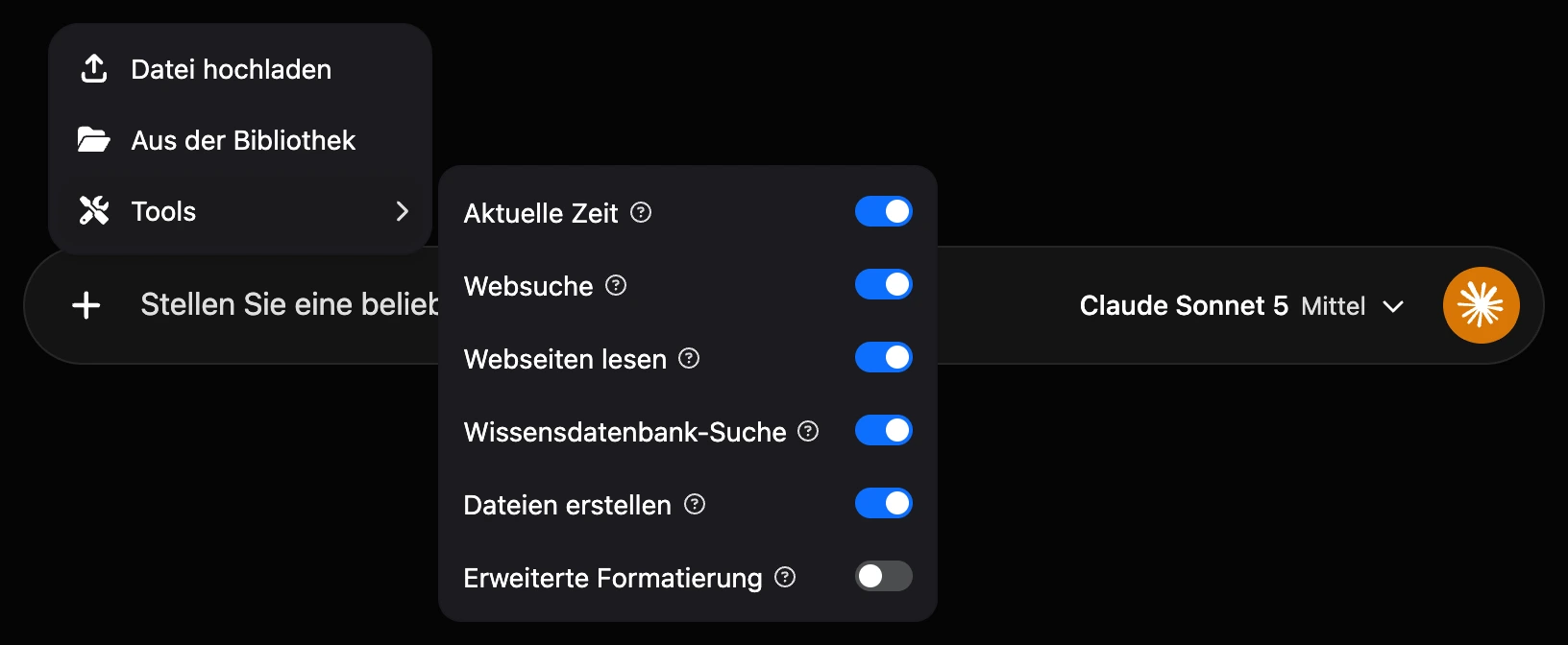 Menü „+“ → „Werkzeuge“