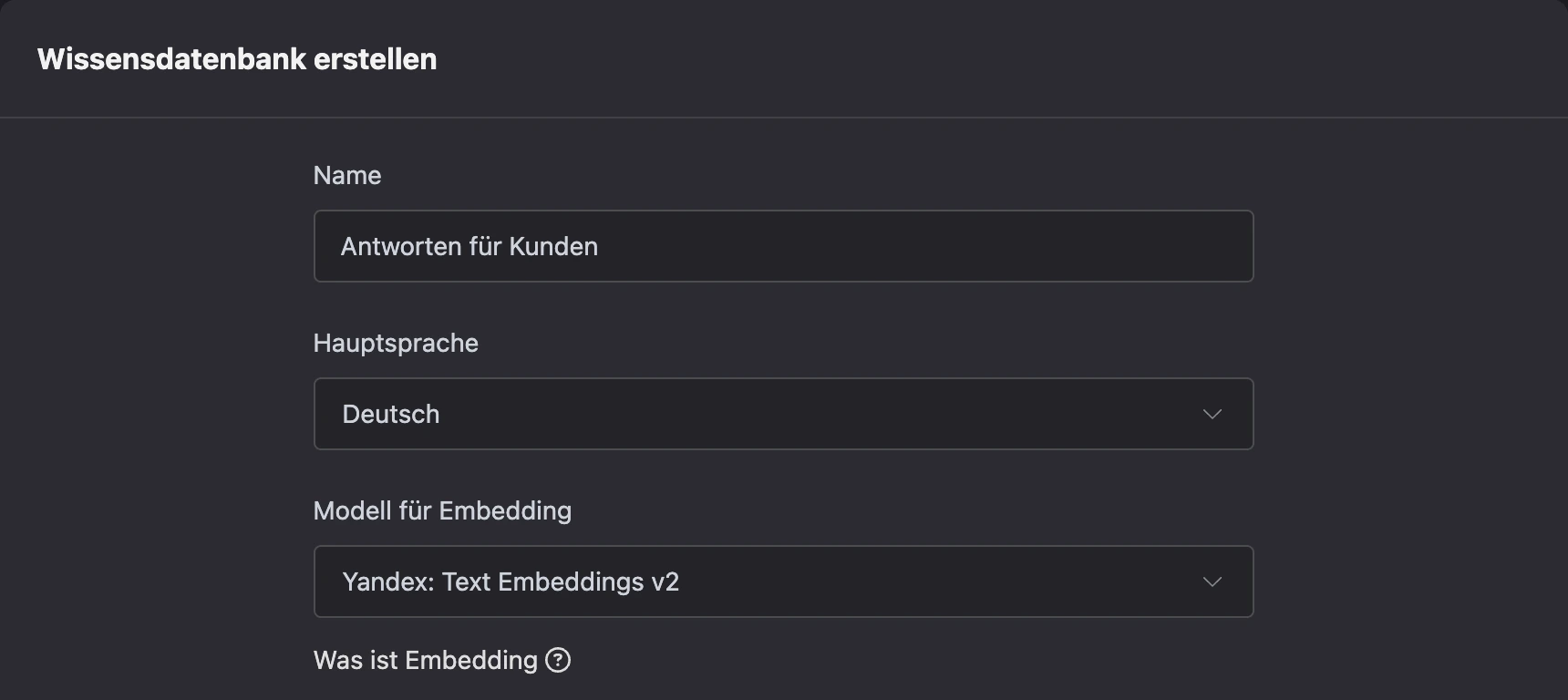 Formular zum Erstellen einer Wissensdatenbank