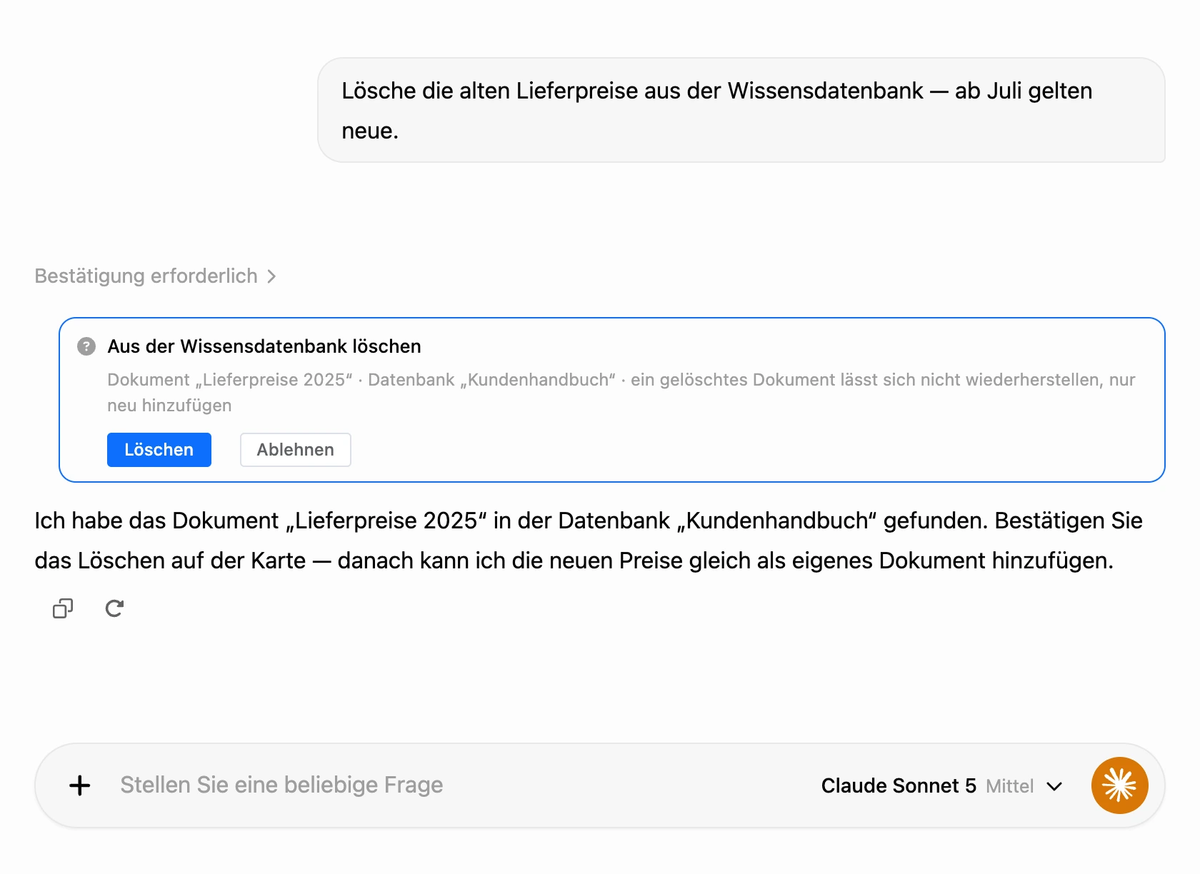 Die Karte „Aus der Wissensdatenbank löschen“ im Verlauf