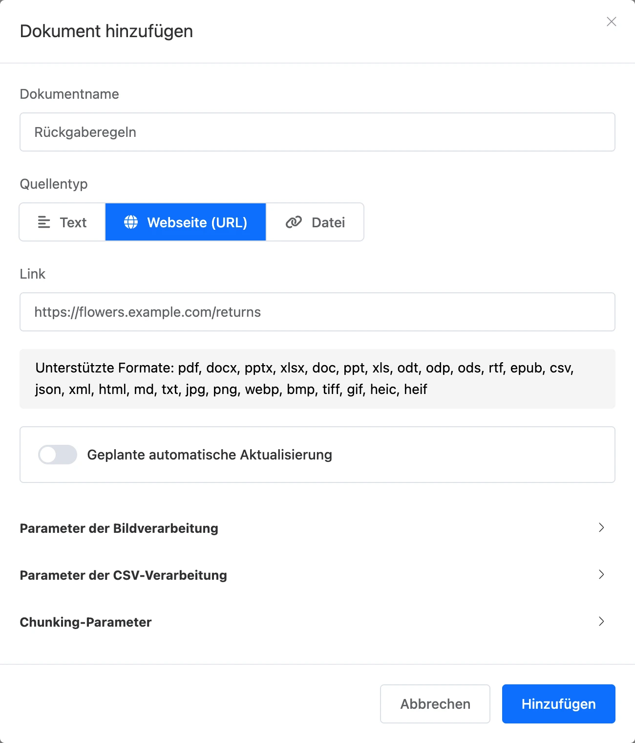 Dialog „Neues Dokument“: Webseite per Link