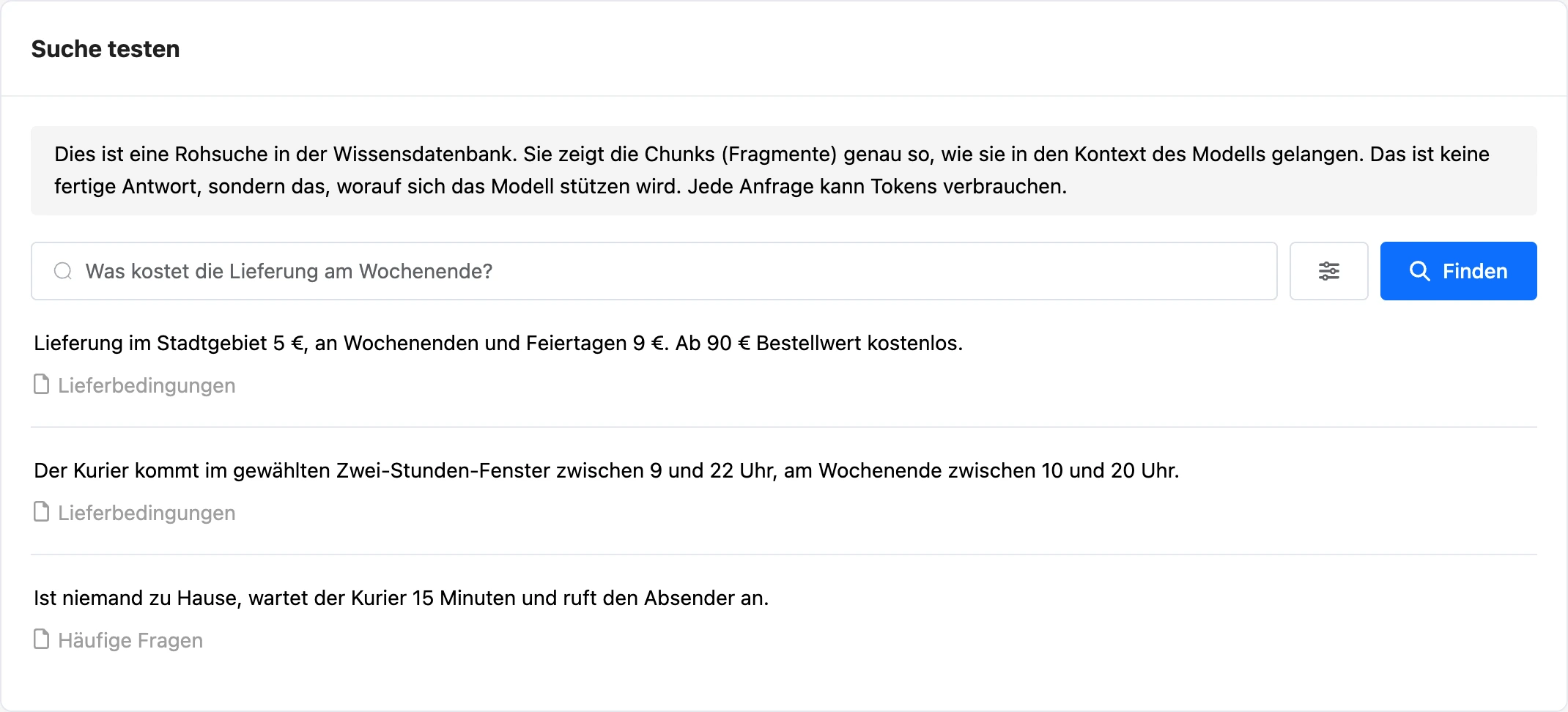 Seite „Suche testen“ mit gefundenen Fragmenten