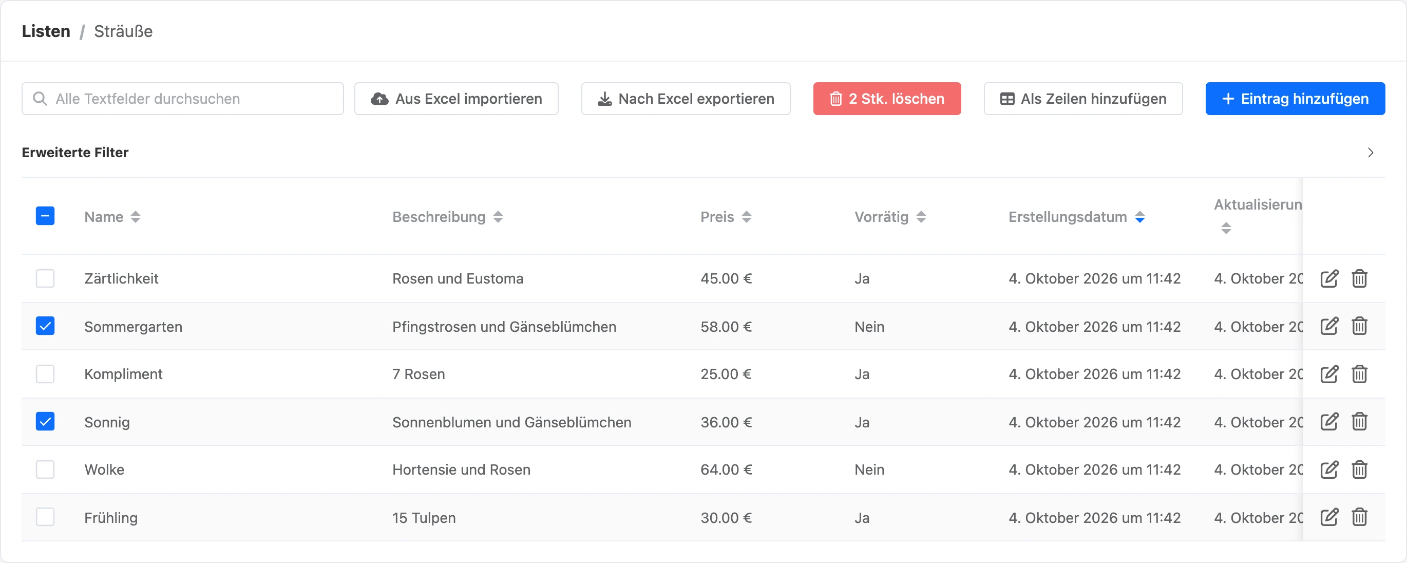 Zwei Einträge sind markiert, über der Tabelle die Schaltfläche zum Löschen der Auswahl