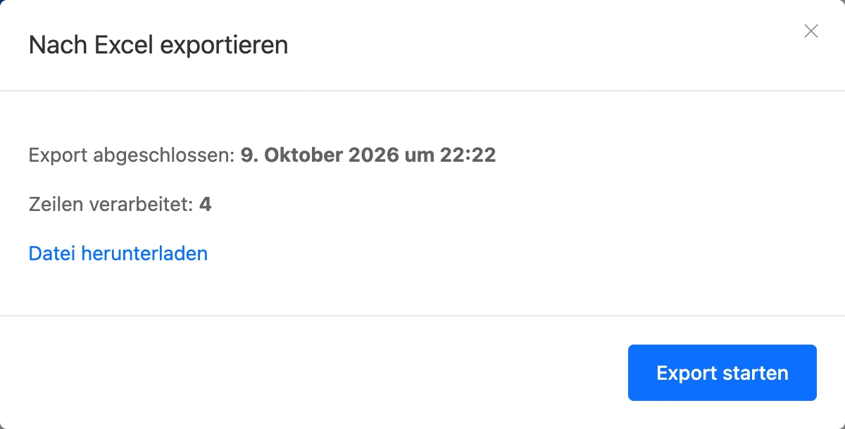 Das Fenster „Nach Excel exportieren“ nach dem Export: Datum, Zeilenzahl und Link zur Datei