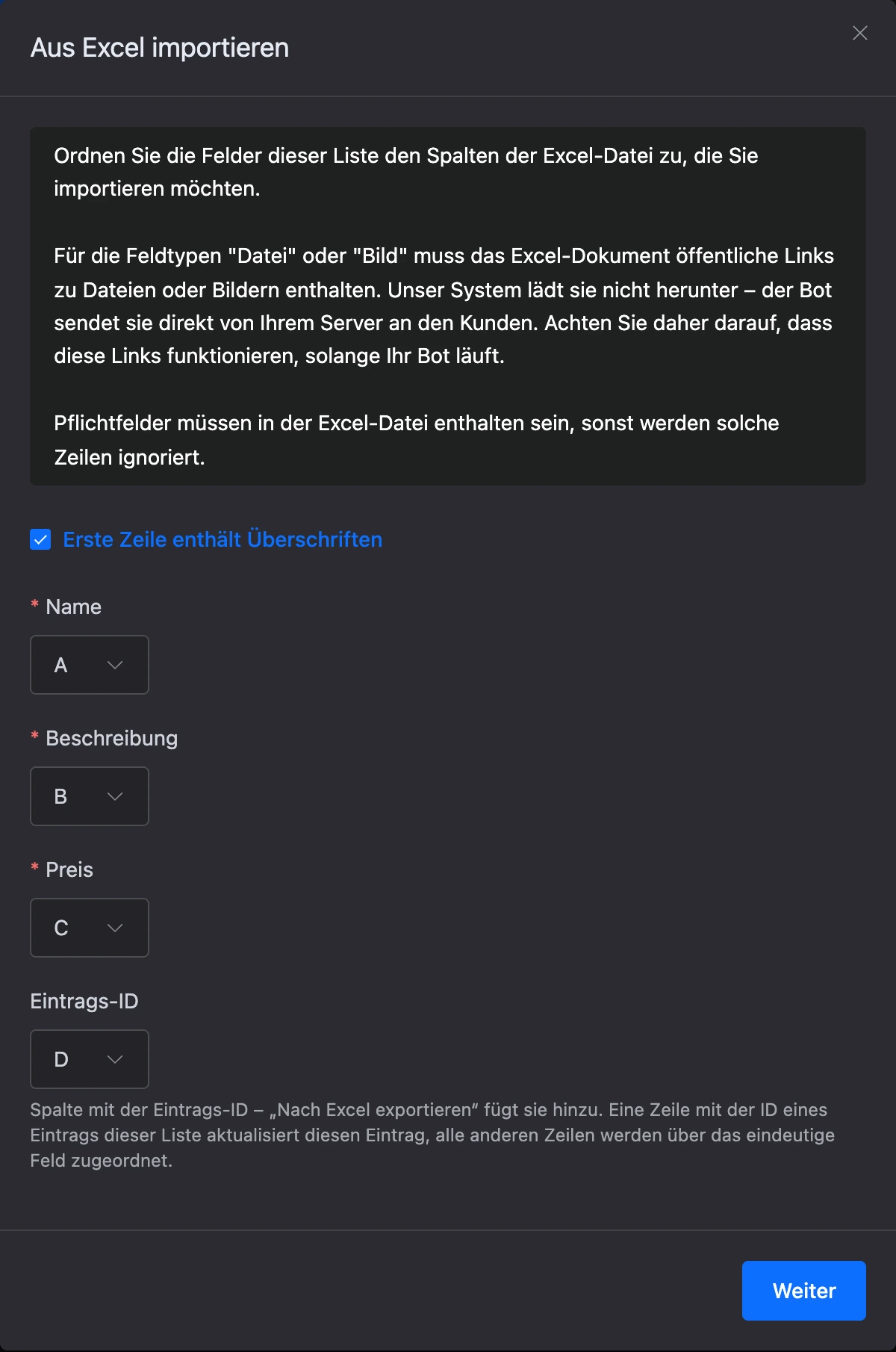 Das Fenster „Aus Excel importieren“, erster Schritt: Dateispalten für die Listenfelder und die ID-Spalte