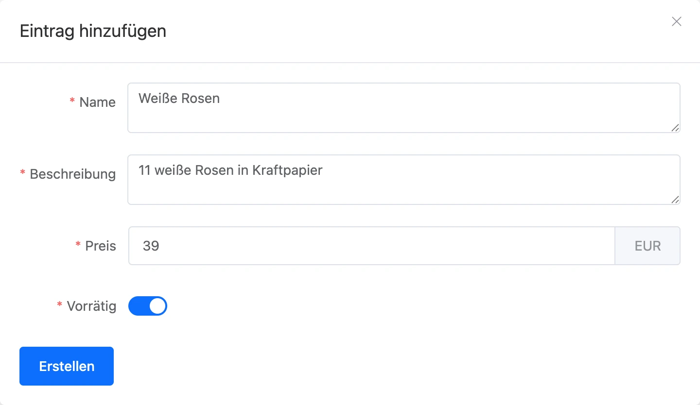 Fenster „Eintrag hinzufügen“ mit ausgefüllten Feldern