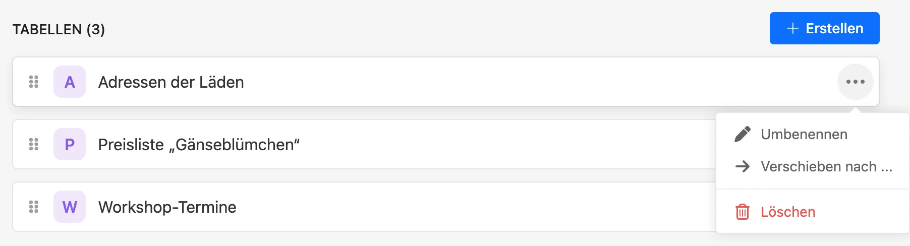 Menü „⋯“ einer Tabelle in der Liste
