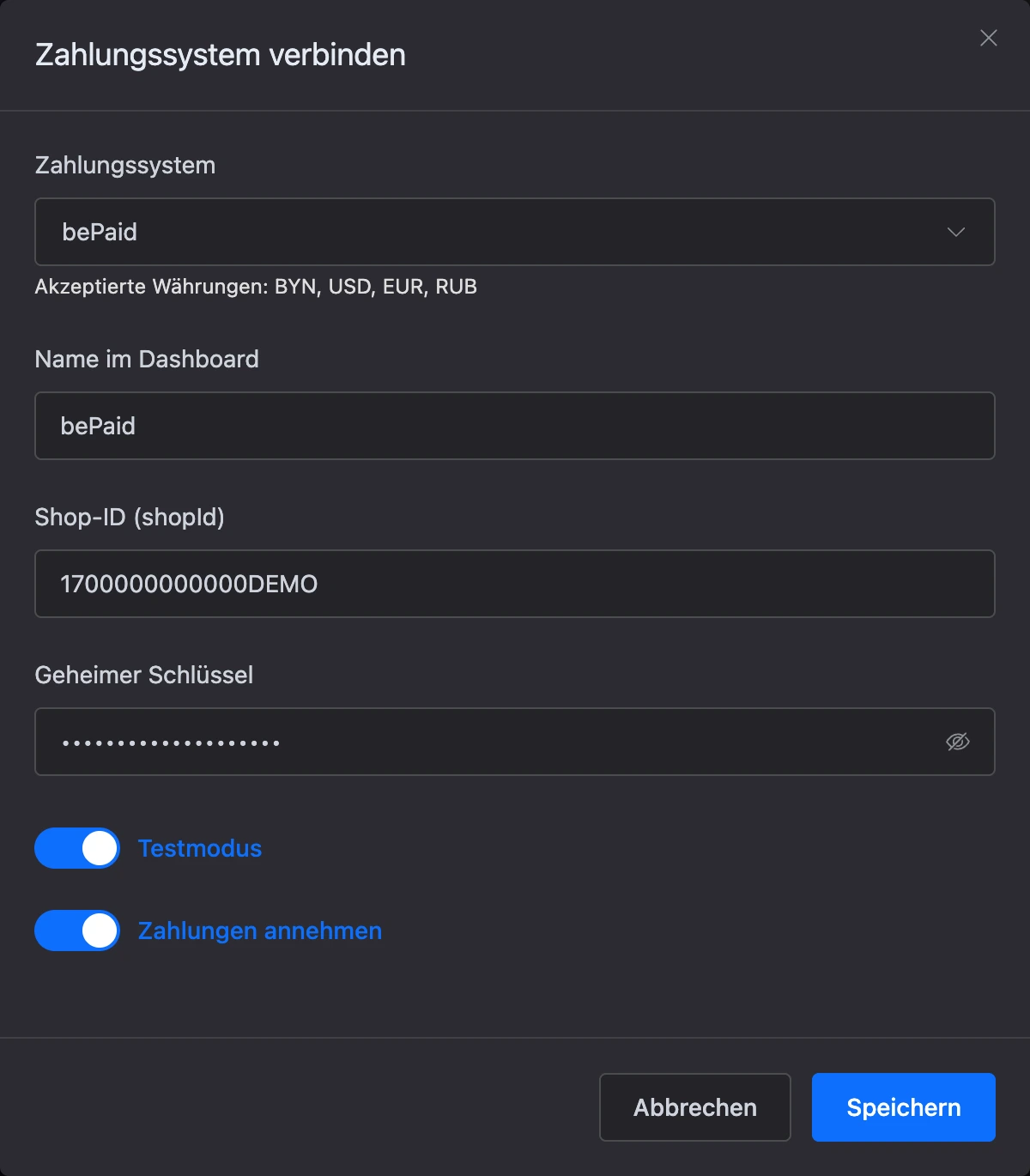 Dialog zum Verbinden eines Zahlungssystems