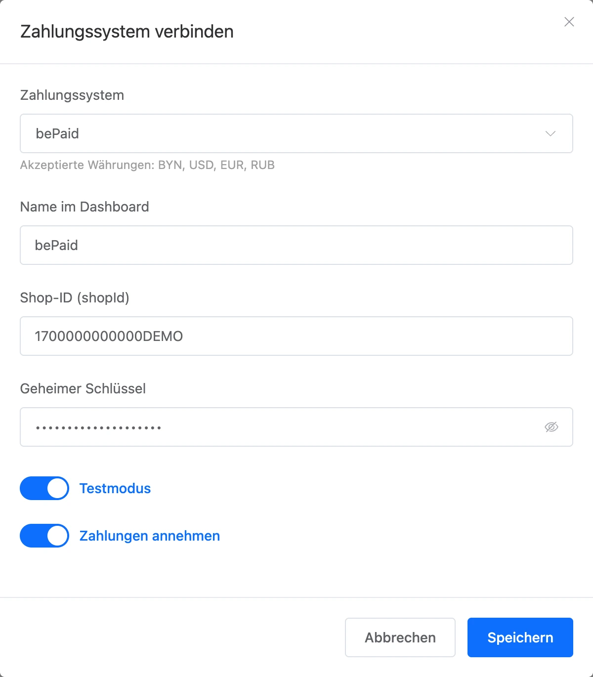 Dialog zum Verbinden eines Zahlungssystems