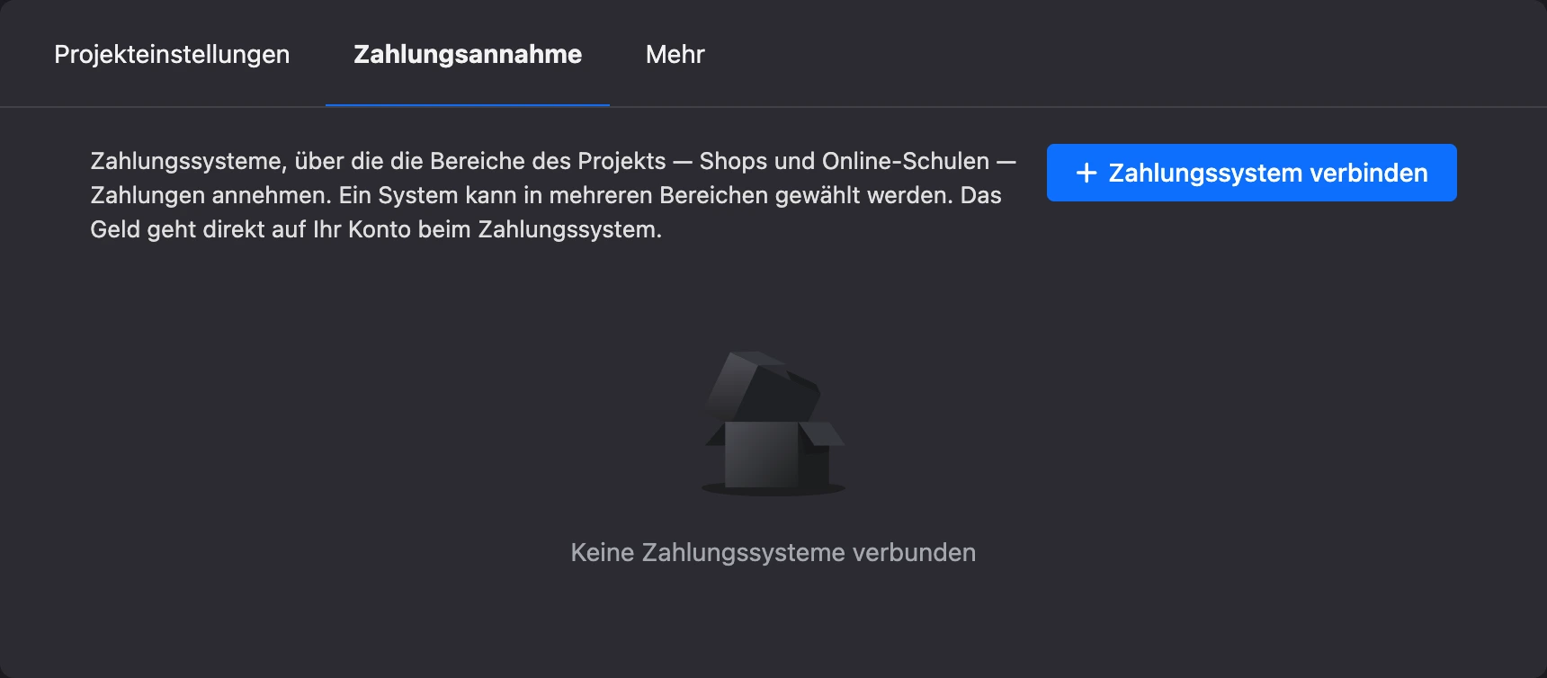 Tab Zahlungsannahme in den Projekteinstellungen