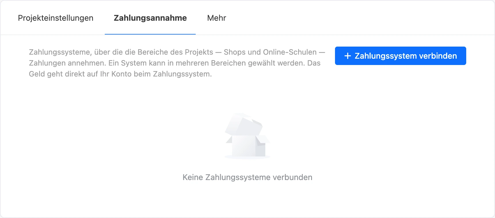 Tab Zahlungsannahme in den Projekteinstellungen