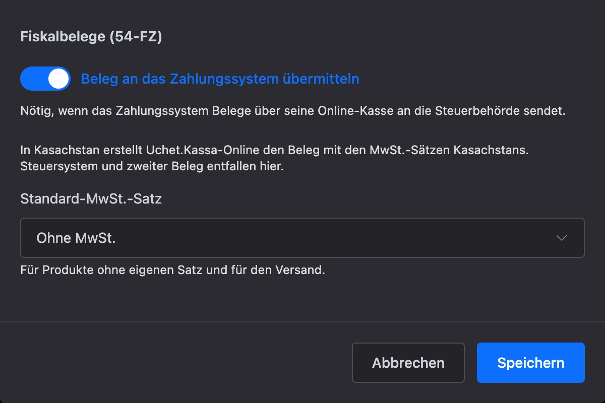 Belegeinstellungen von Robokassa für Kasachstan