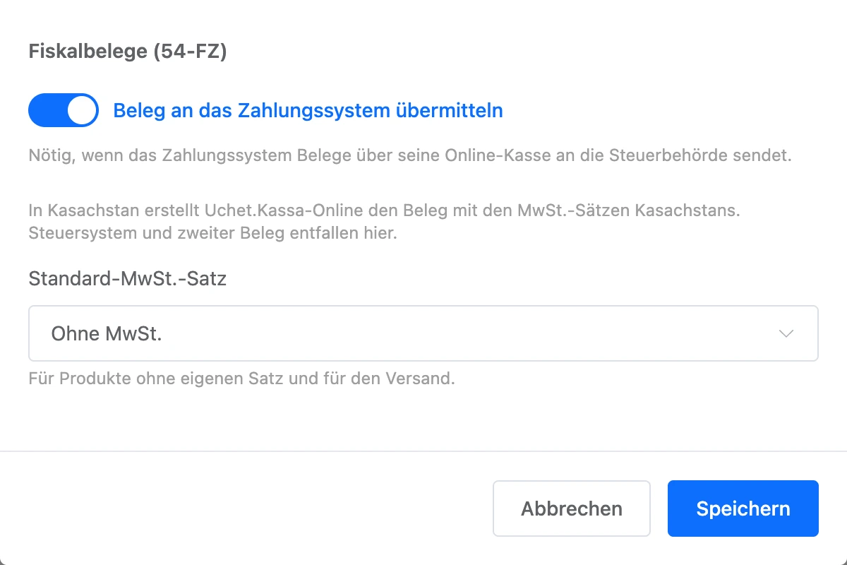 Belegeinstellungen von Robokassa für Kasachstan