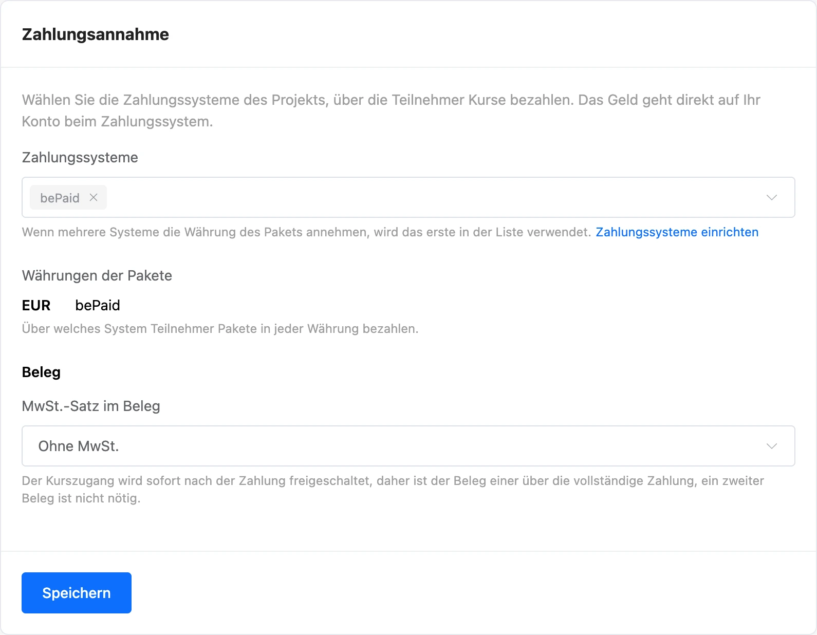 MwSt.-Satz im Beleg in den Zahlungseinstellungen der Schule