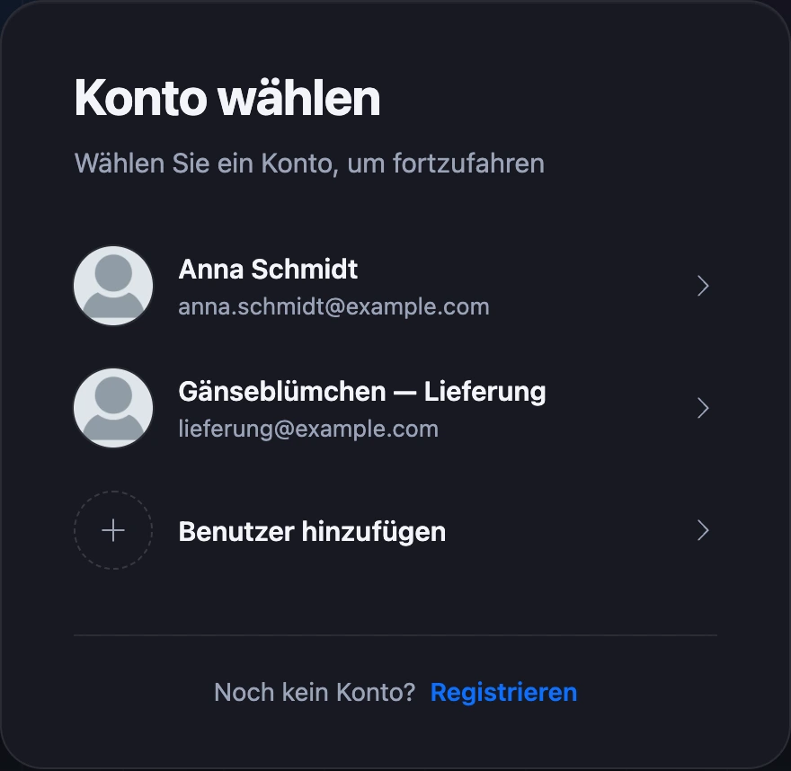 Liste „Konto auswählen“ auf der Anmeldeseite