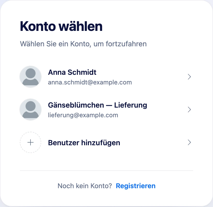 Liste „Konto auswählen“ auf der Anmeldeseite