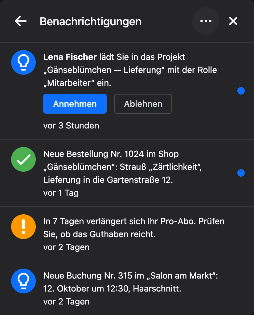Benachrichtigungsliste im Kontomenü