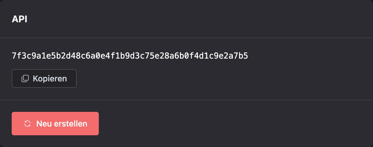 Tab „API“ mit Schlüssel