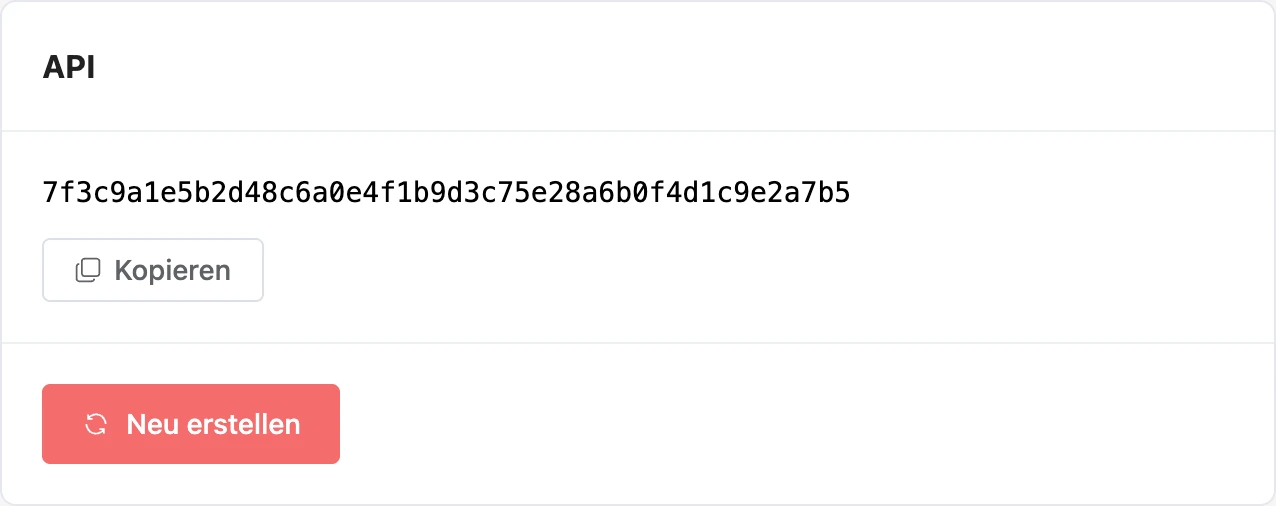 Tab „API“ mit Schlüssel