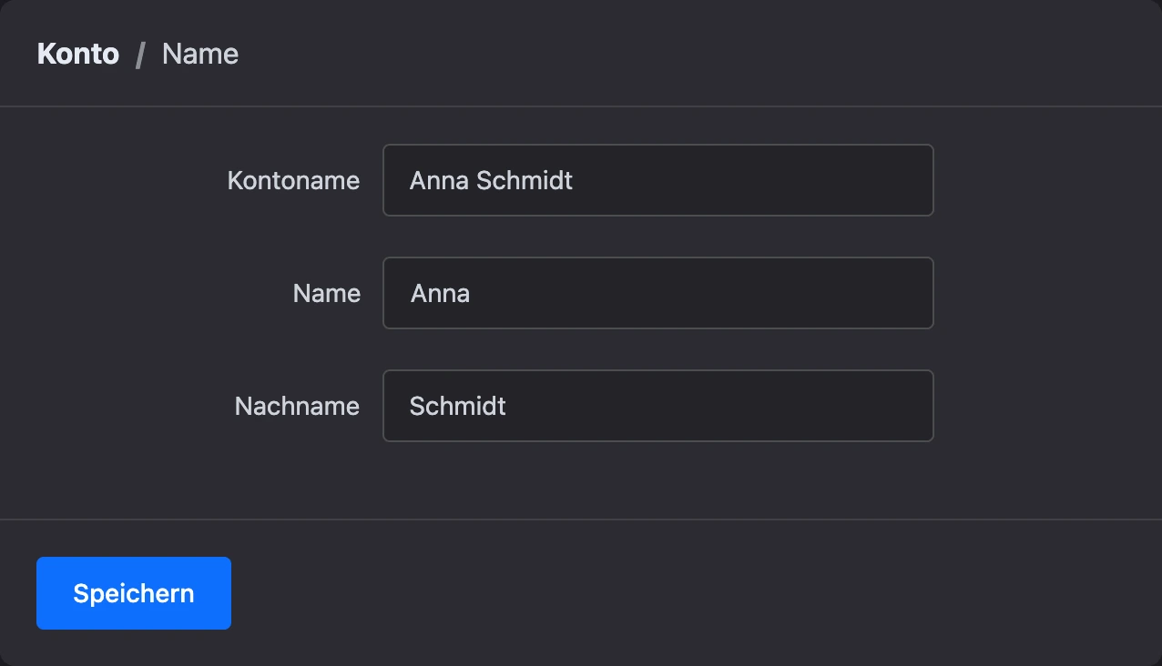 Formular „Name“: Kontoname, Vor- und Nachname
