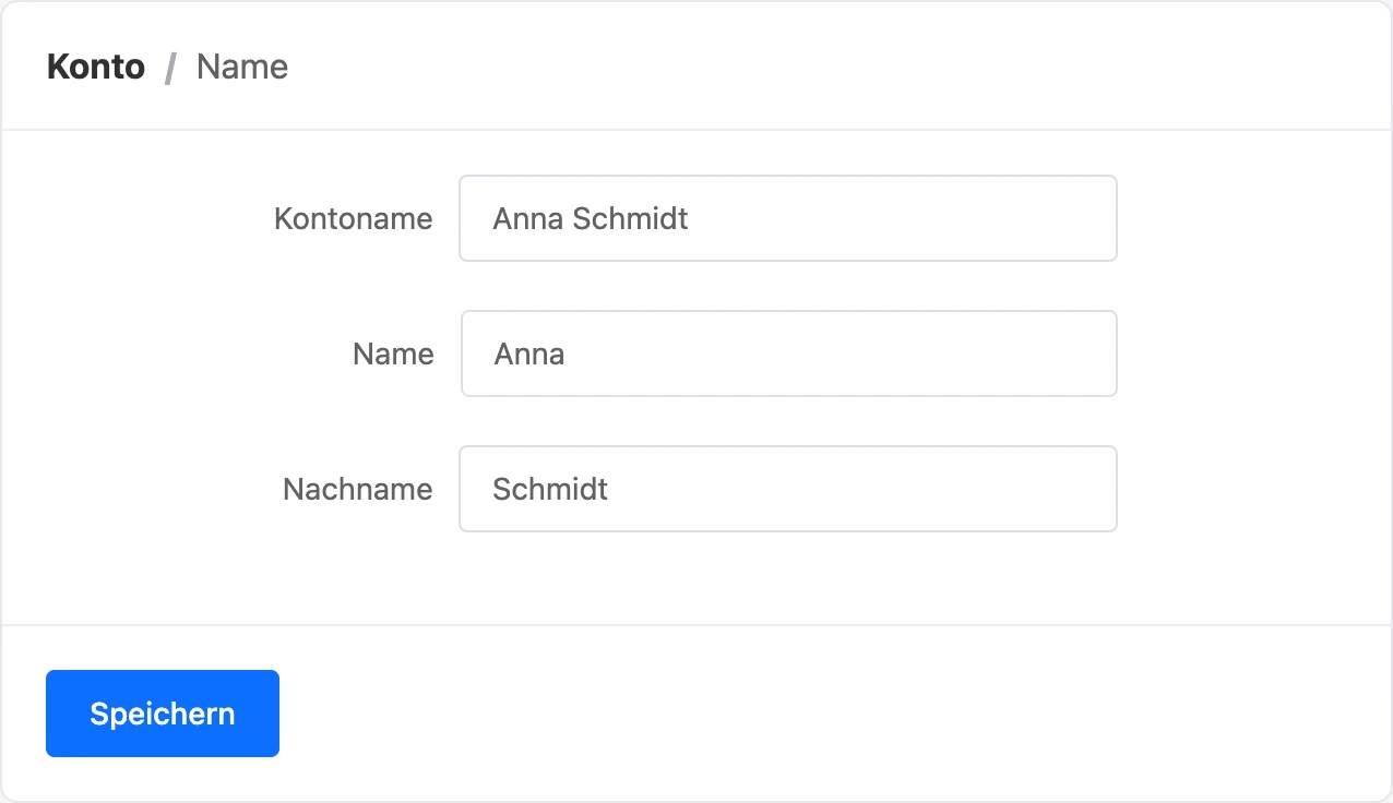 Formular „Name“: Kontoname, Vor- und Nachname