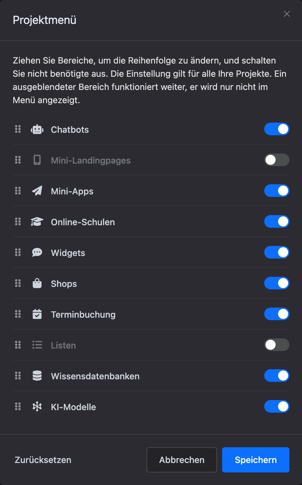 Fenster „Projektmenü“