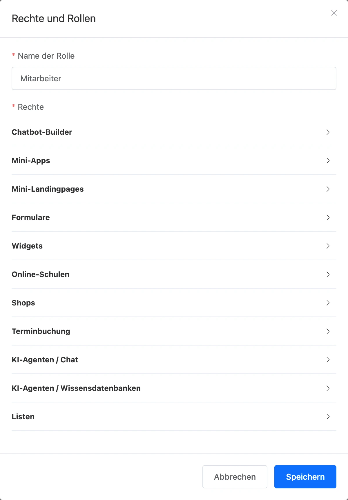 Fenster einer neuen Rolle mit der Liste der Bereiche
