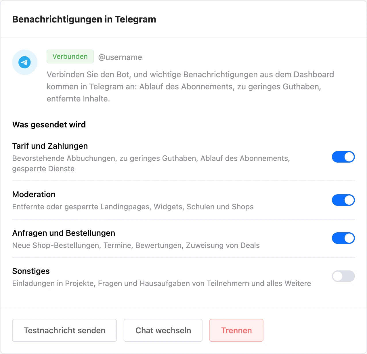 Karte „Benachrichtigungen in Telegram“