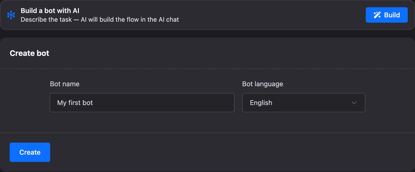 Bot creation form: the "Build a bot with AI" block, name and language