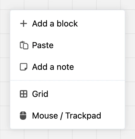 The scheme's context menu: "Add block", "Paste", "Add note", "Grid", "Mouse / Trackpad"