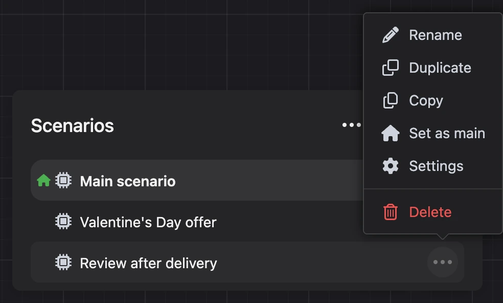 The "Scenarios" window: a scenario's menu is open, "Delete" at the bottom