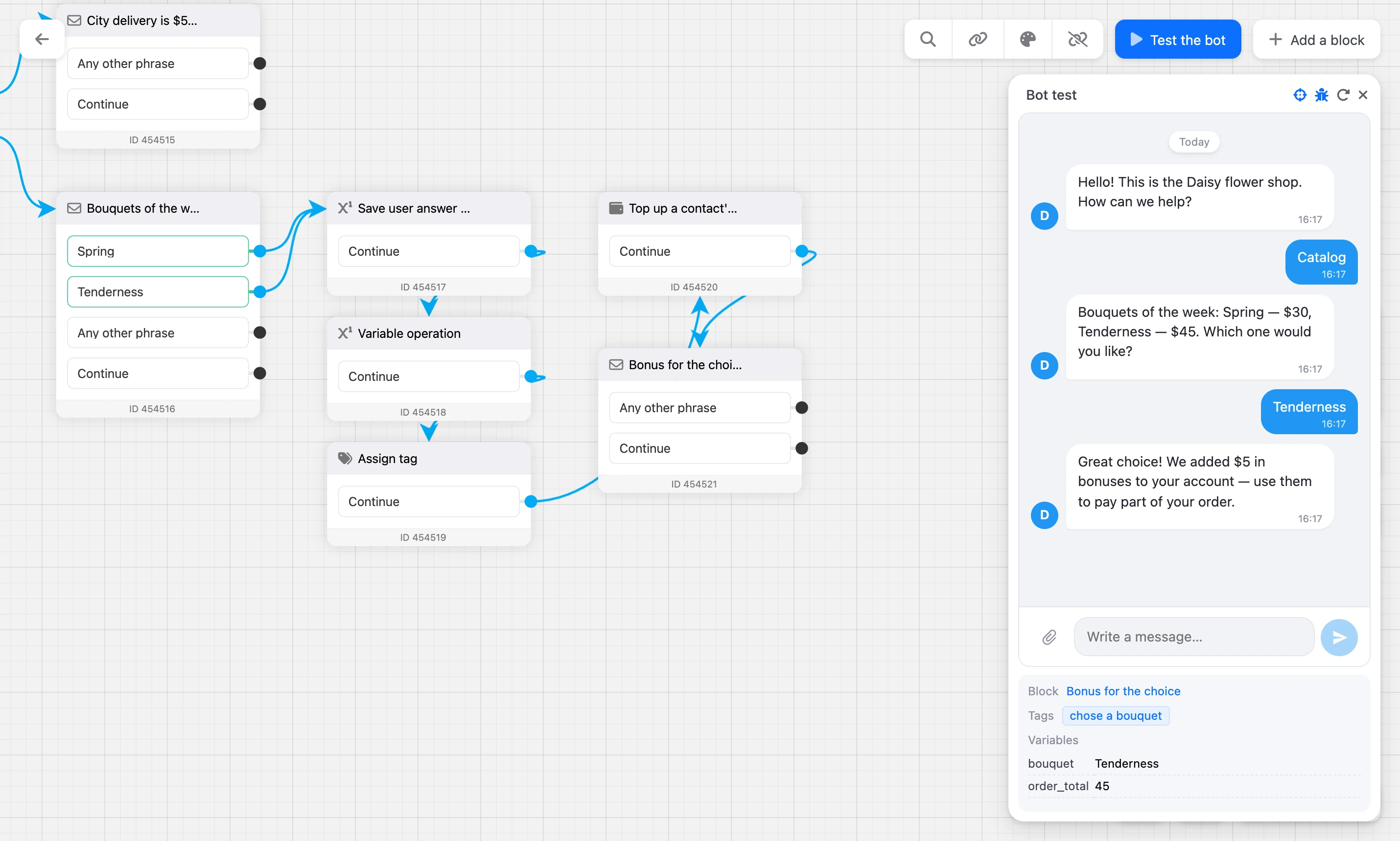 The "Bot test" window next to the scheme: the chat with the bot, the current block is highlighted on the scheme
