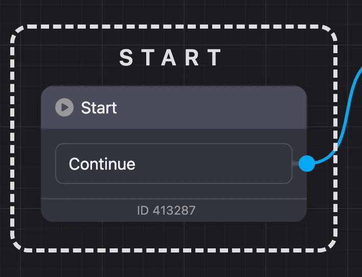 The "Start" start block on the scheme: the label above the block and the link to the next one