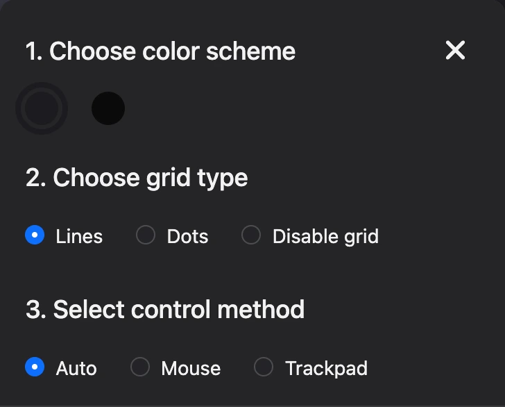 The "Map color and grid" window: color scheme, grid type and control method