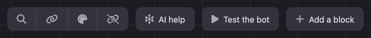Top toolbar of the builder: search, messengers, appearance, AI help, bot test and adding a block