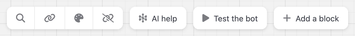 Top toolbar of the builder: search, messengers, appearance, AI help, bot test and adding a block
