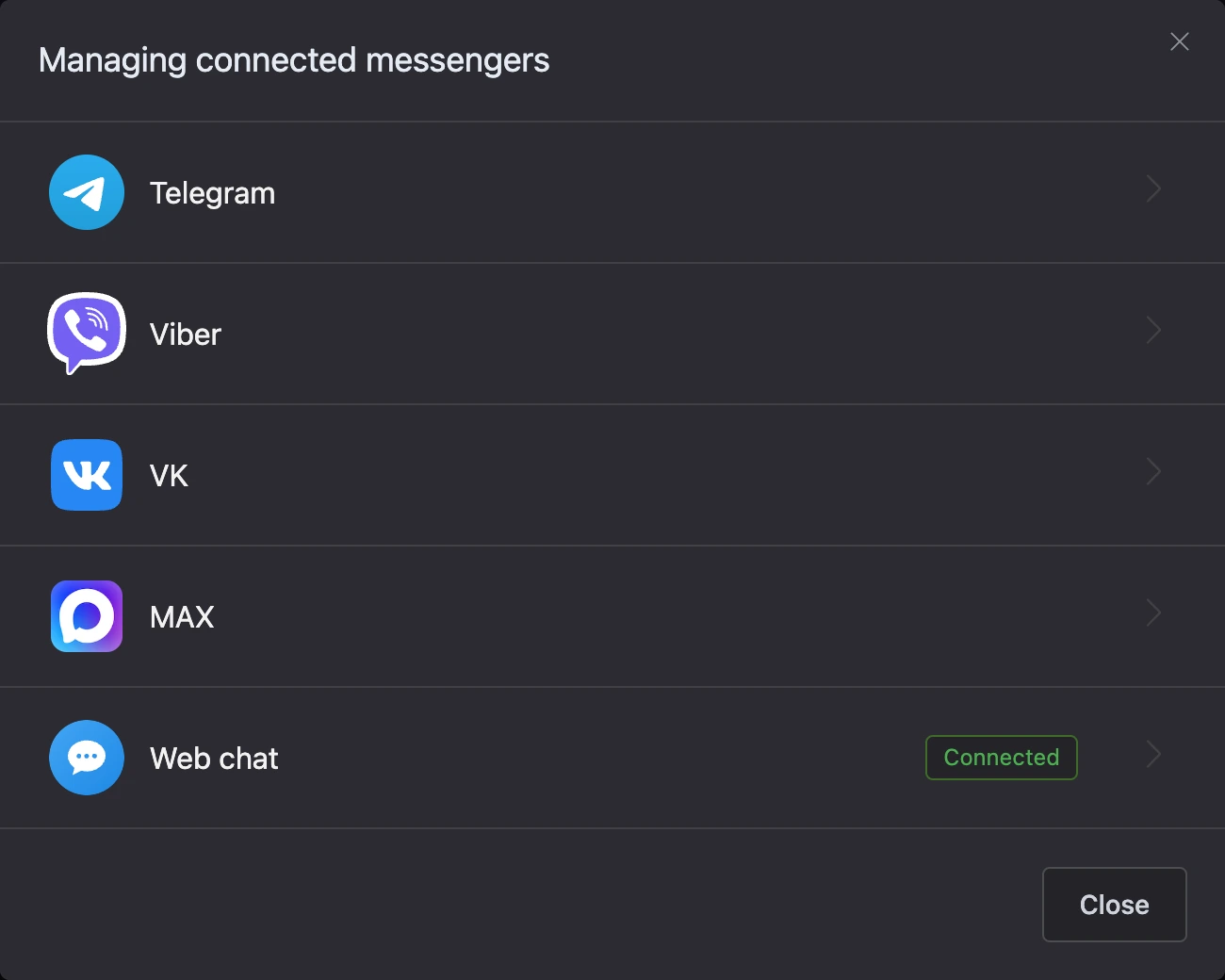 List of the bot's channels: a connected channel has the "Connected" mark