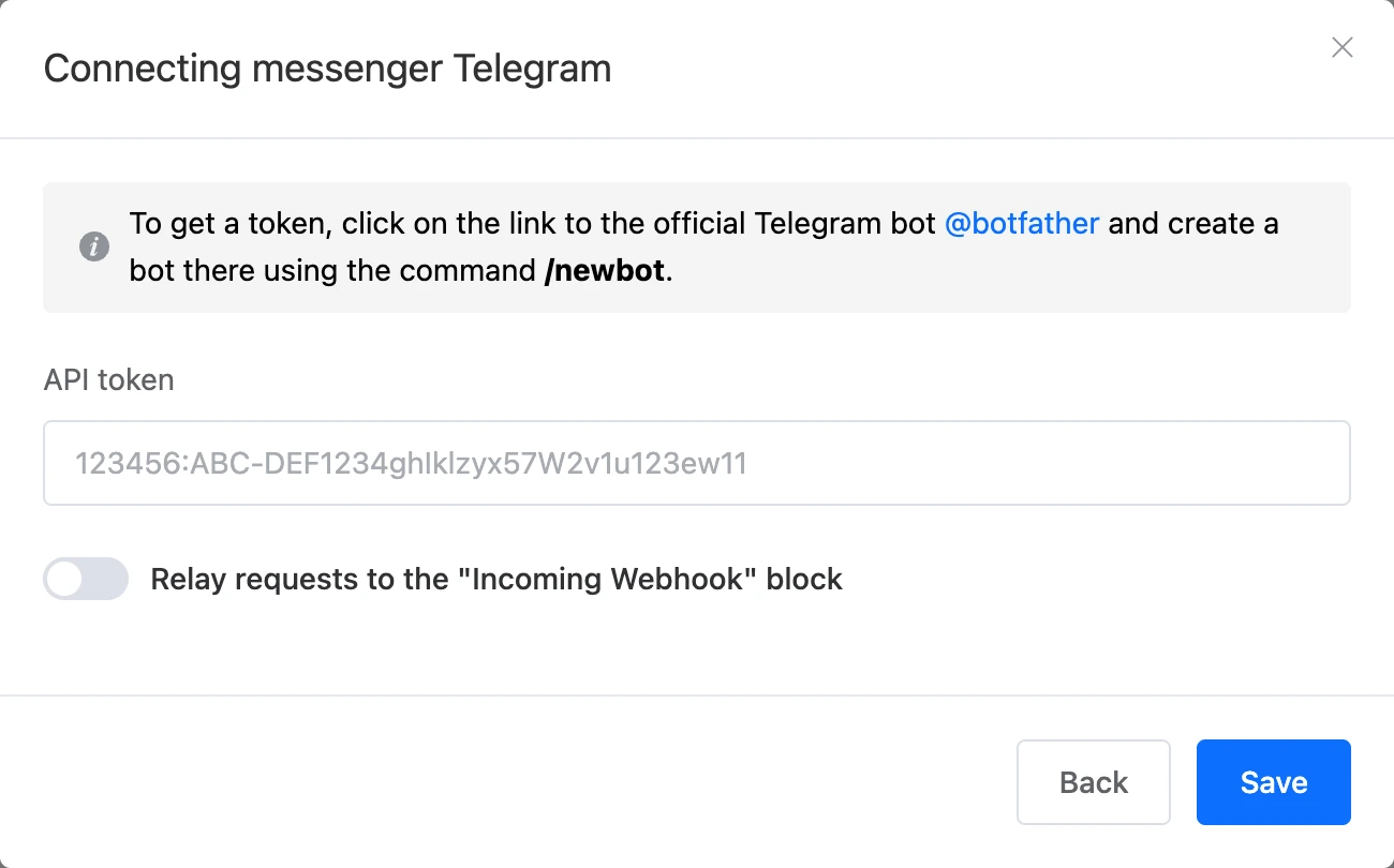 Telegram connection window with the "API token" field