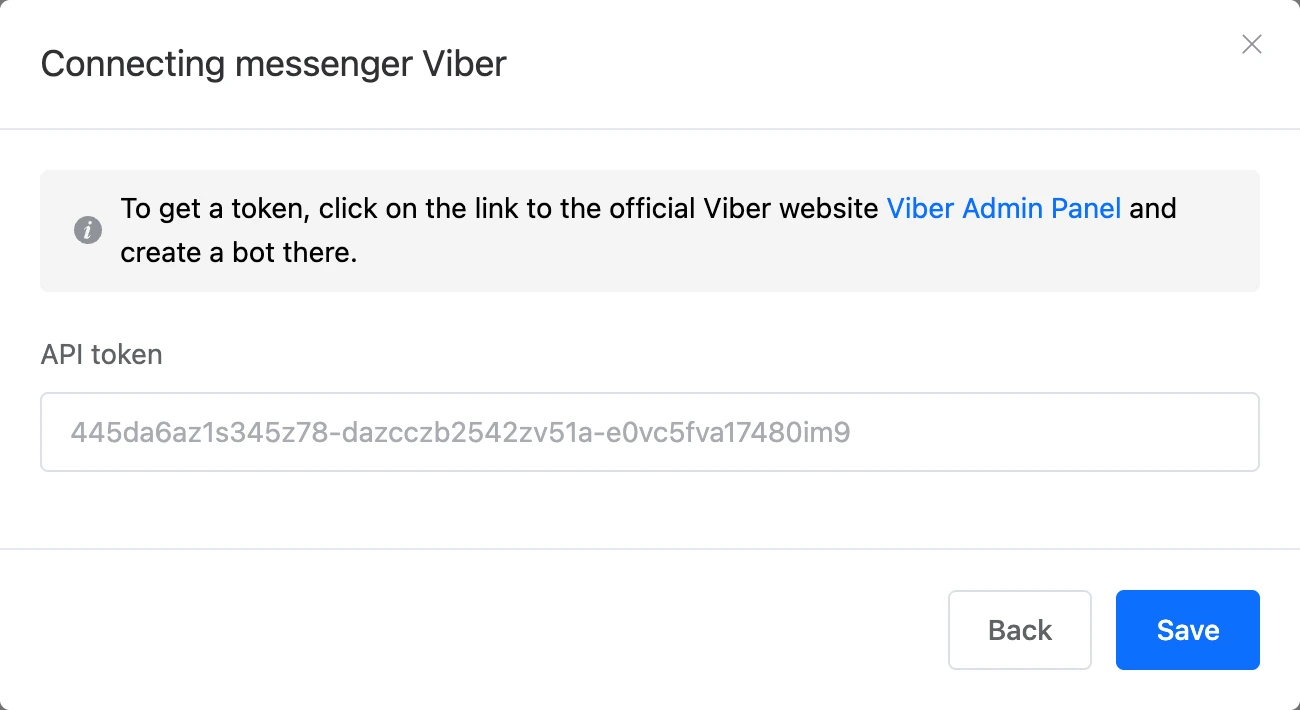 Viber connection window with the "API token" field