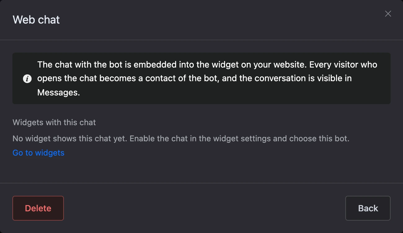 The "Web chat" channel window: description and the list of widgets with this chat