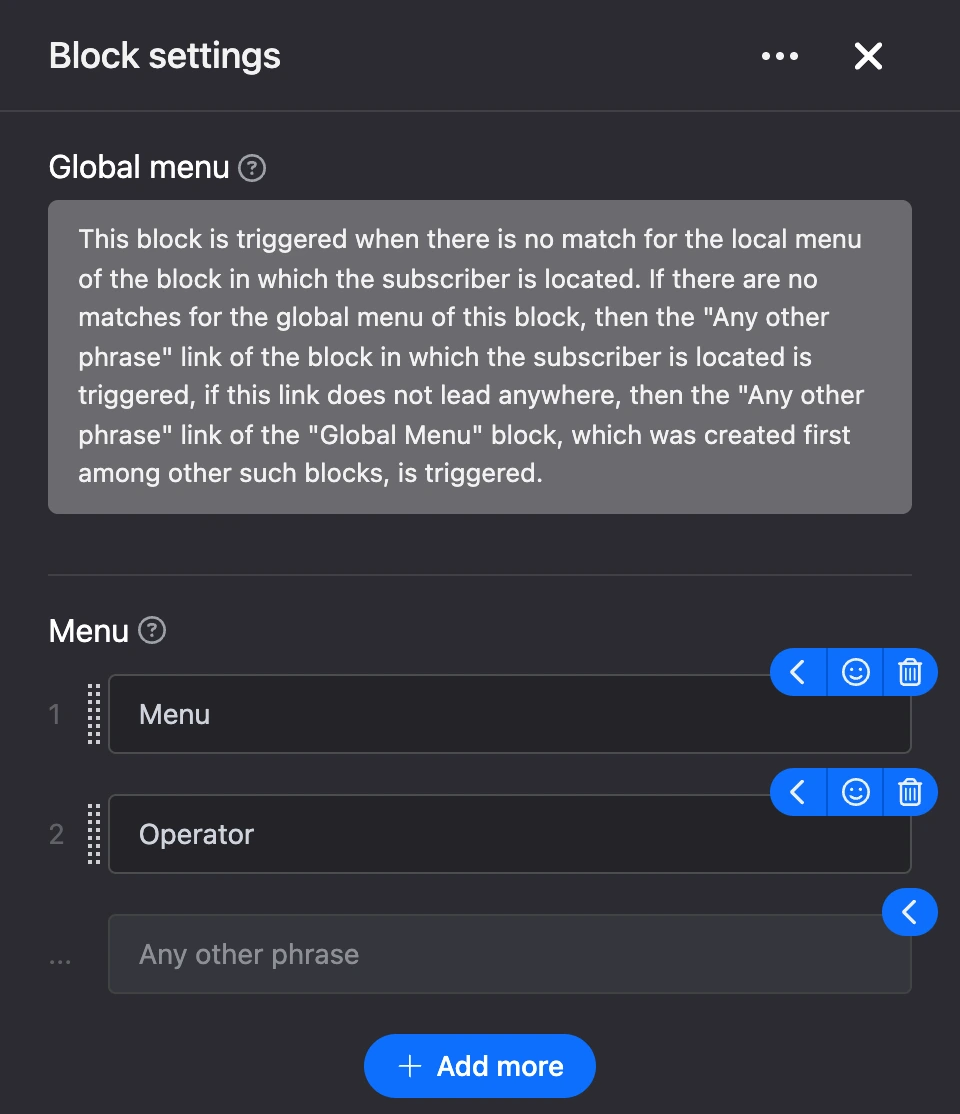 Settings panel of the "Global menu" block