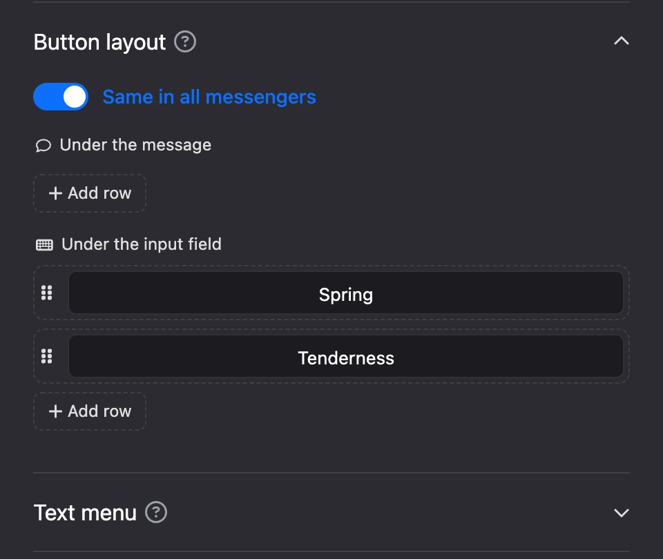 The "Button layout" subsection: "Under the message" and "Under the input field" zones, rows of buttons