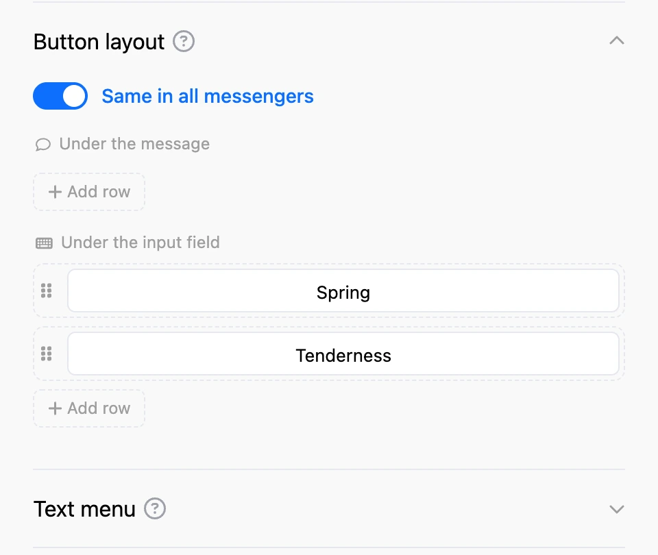 The "Button layout" subsection: "Under the message" and "Under the input field" zones, rows of buttons