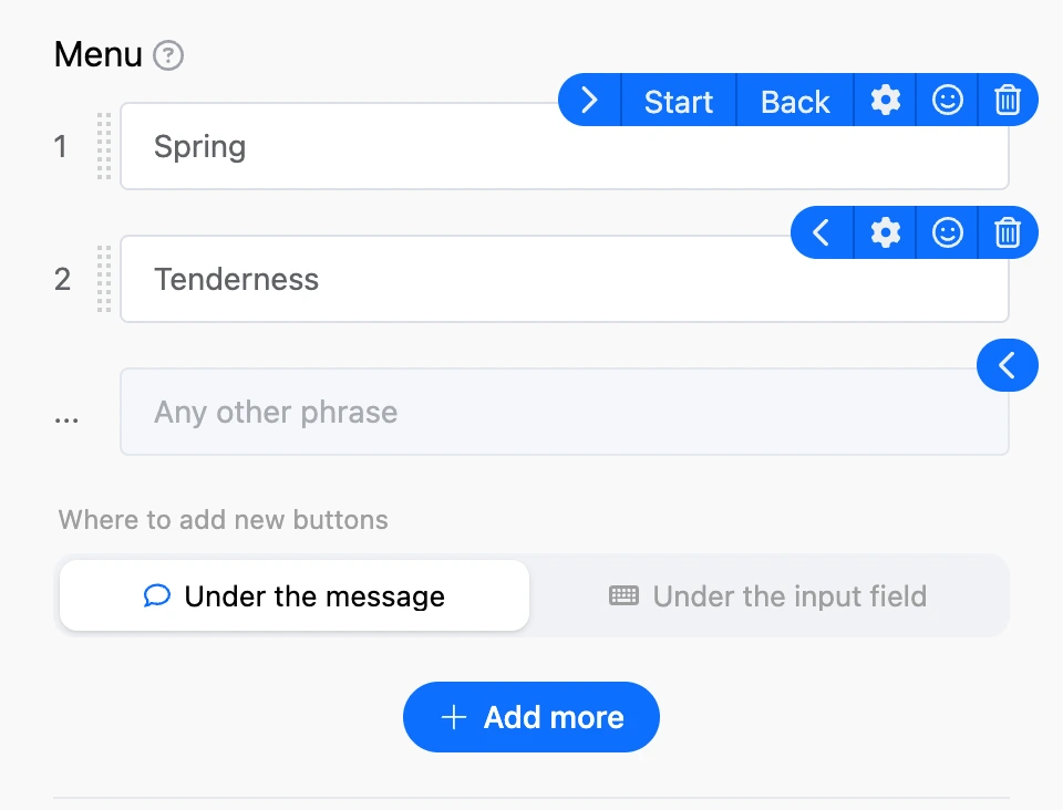 The "Menu" section: numbered buttons, icons in the button row, "Any other phrase" and where new buttons go