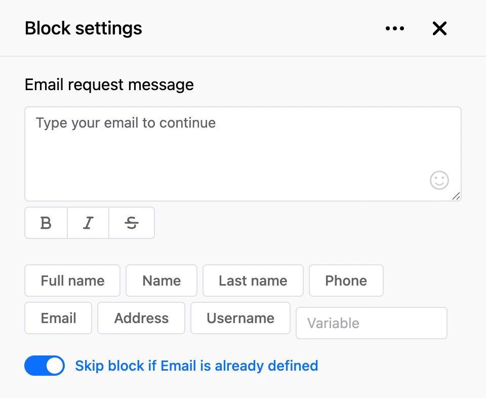 Settings panel of the "Email request" block