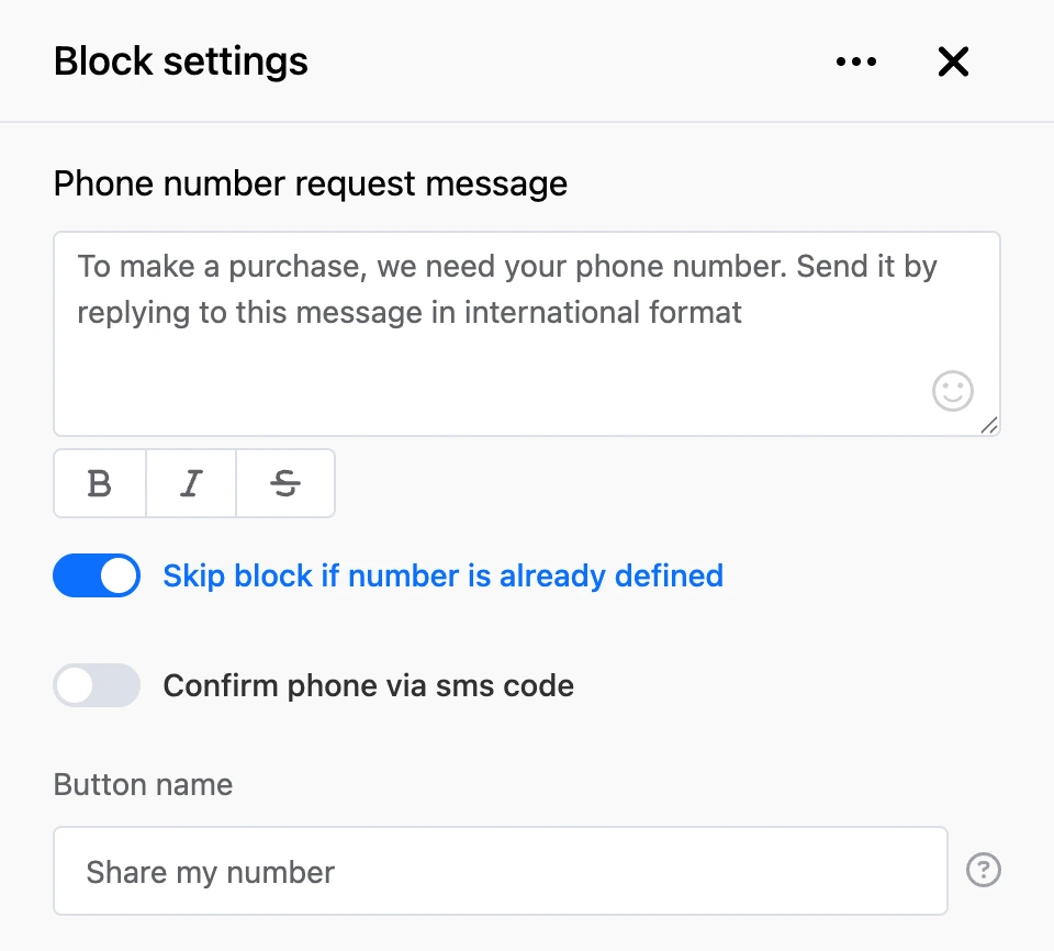 Settings panel of the "Phone number request" block