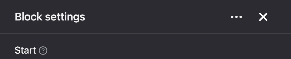 Settings panel of the "Start" block