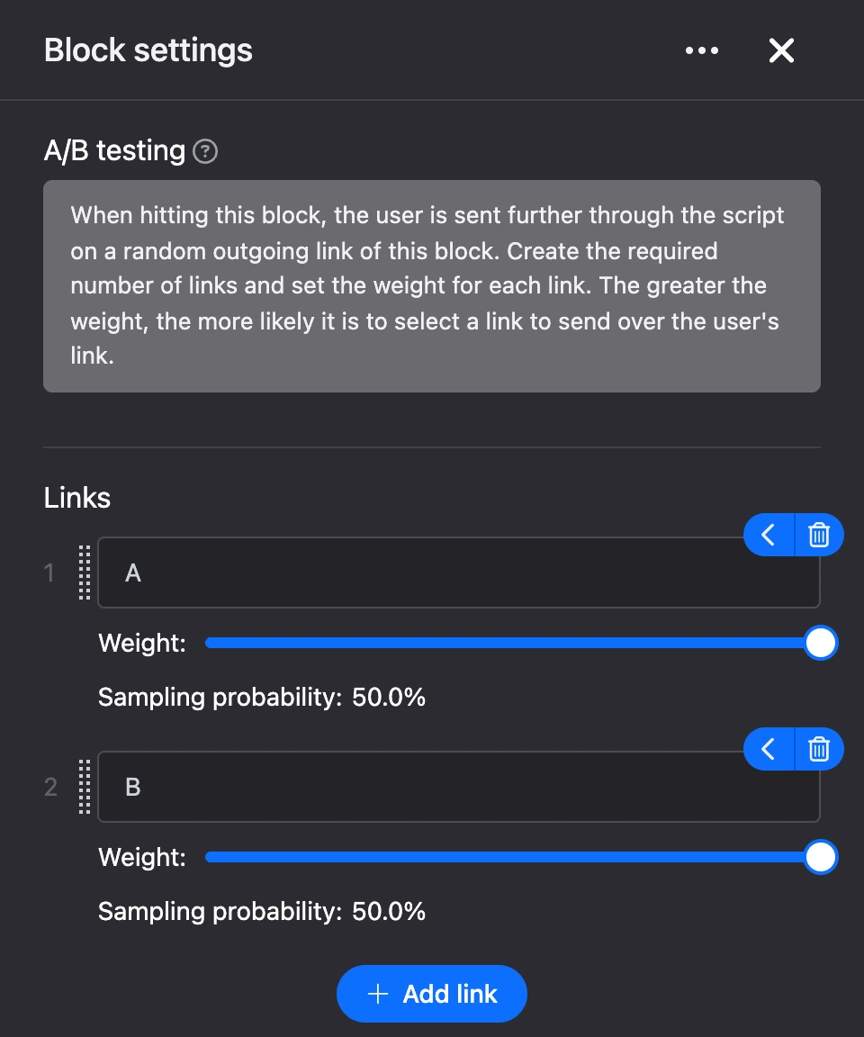 Settings panel of the "A/B testing" block
