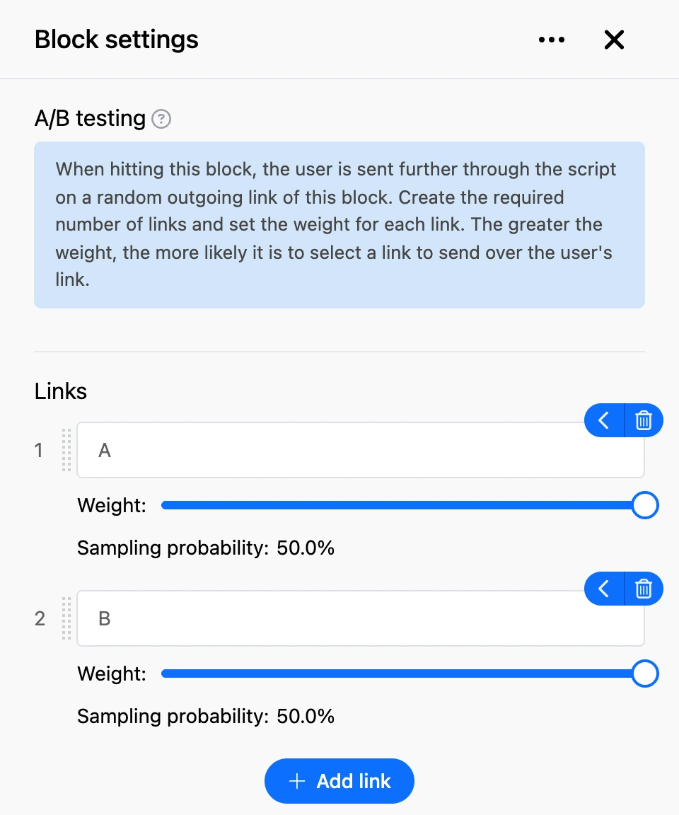 Settings panel of the "A/B testing" block